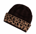 Brown knit beanie with leopard print band on a white background