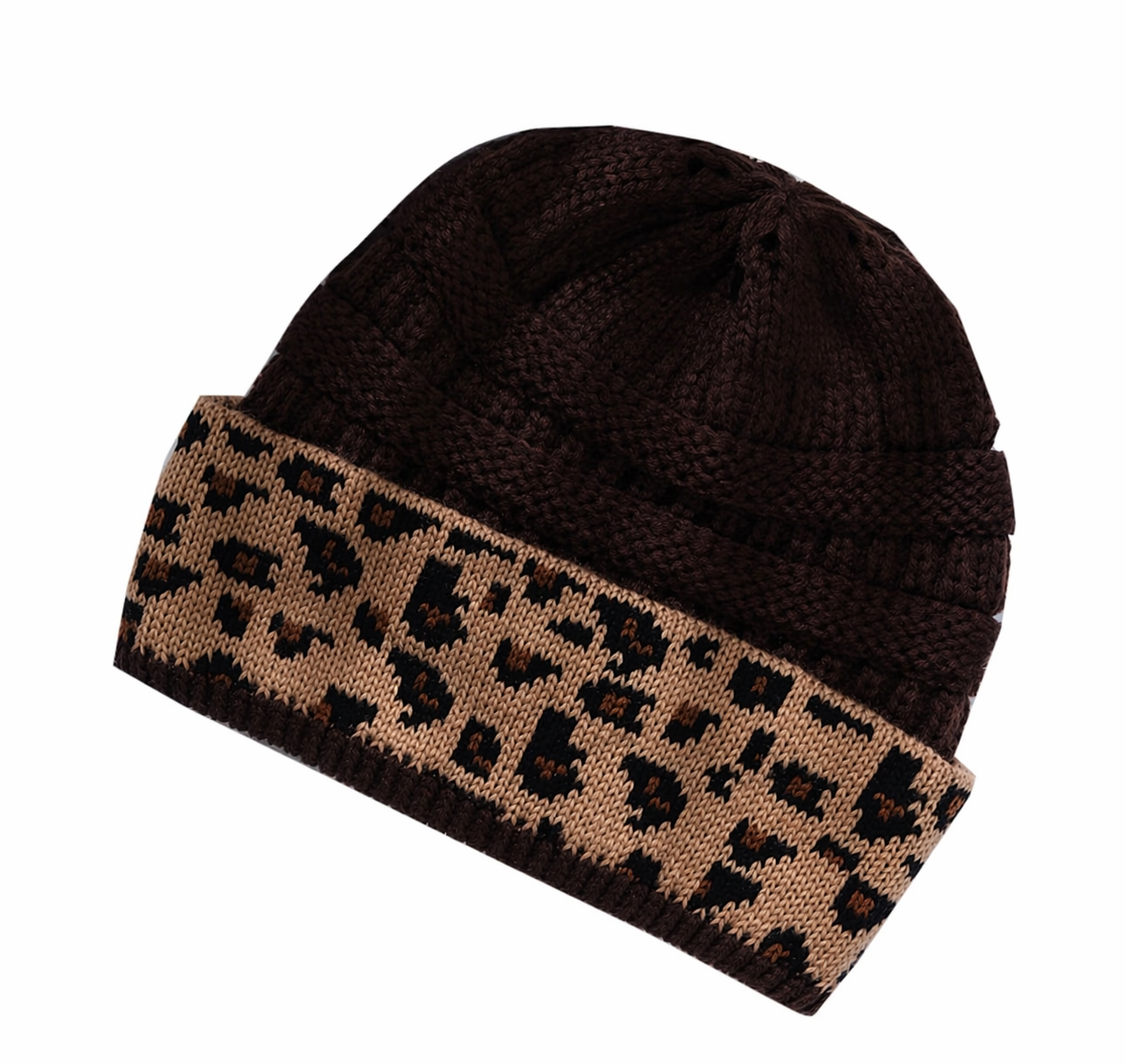 Brown knit beanie with leopard print band on a white background