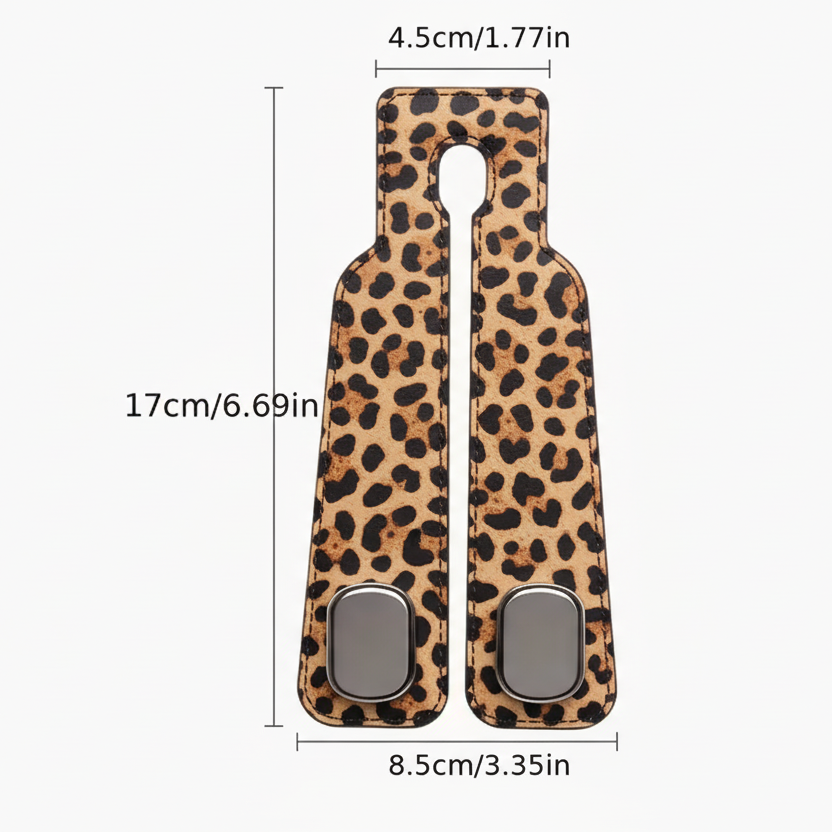 Leopard print car hooks with dimensions labeled on a white background