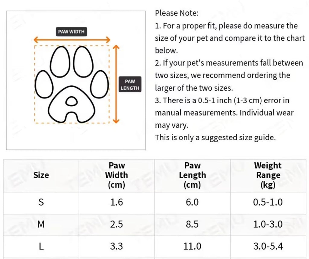 Measurement chart for dog leg warmers with paw width and length dimensions and size guide.