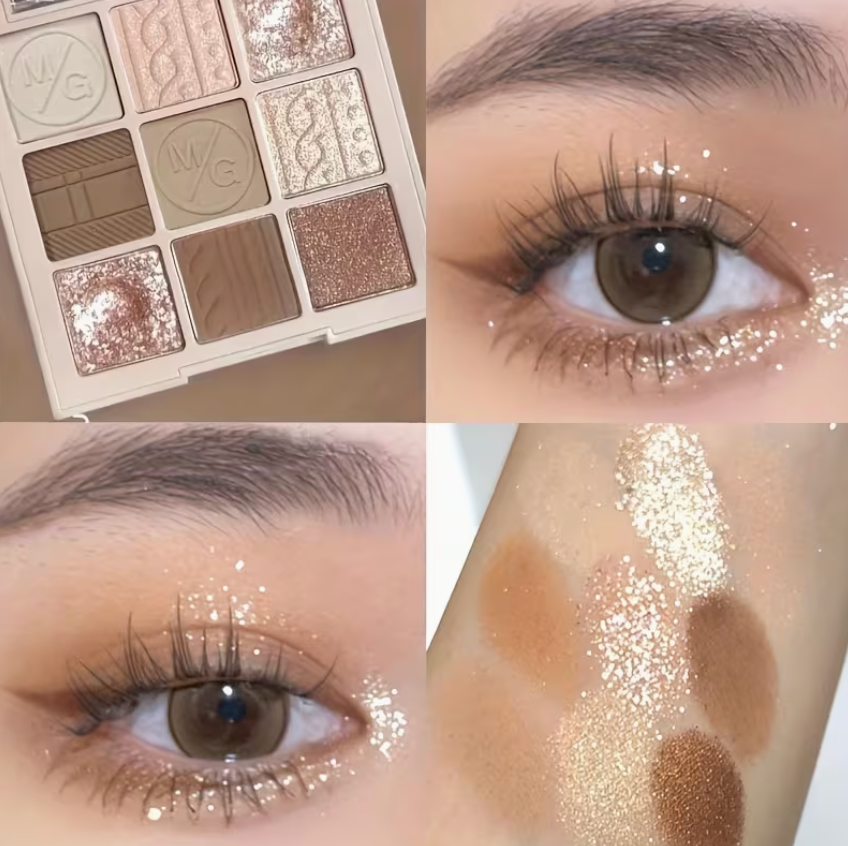 Makeup palette with eyeshadow shades, close-ups of eyes with glittery makeup, and swatches on skin.