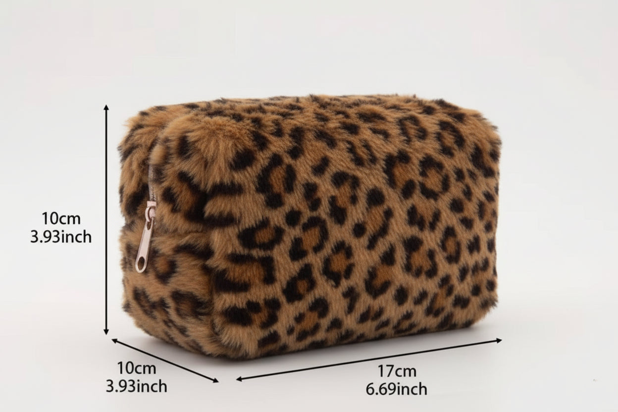 Leopard print pouch with dimensions indicated on a white background