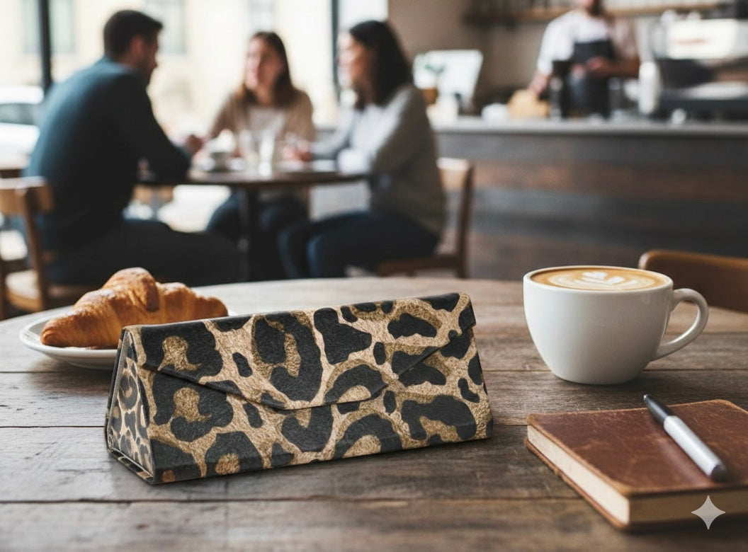Leopard print case on a wooden table with a cup of coffee and pastries, blurred cafe background