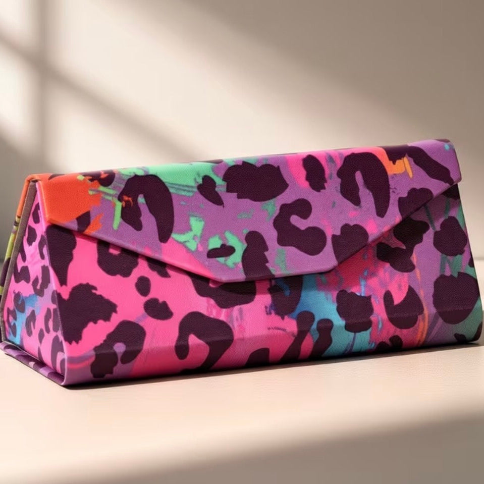 pink multi-colour leopard print foldable glasses case