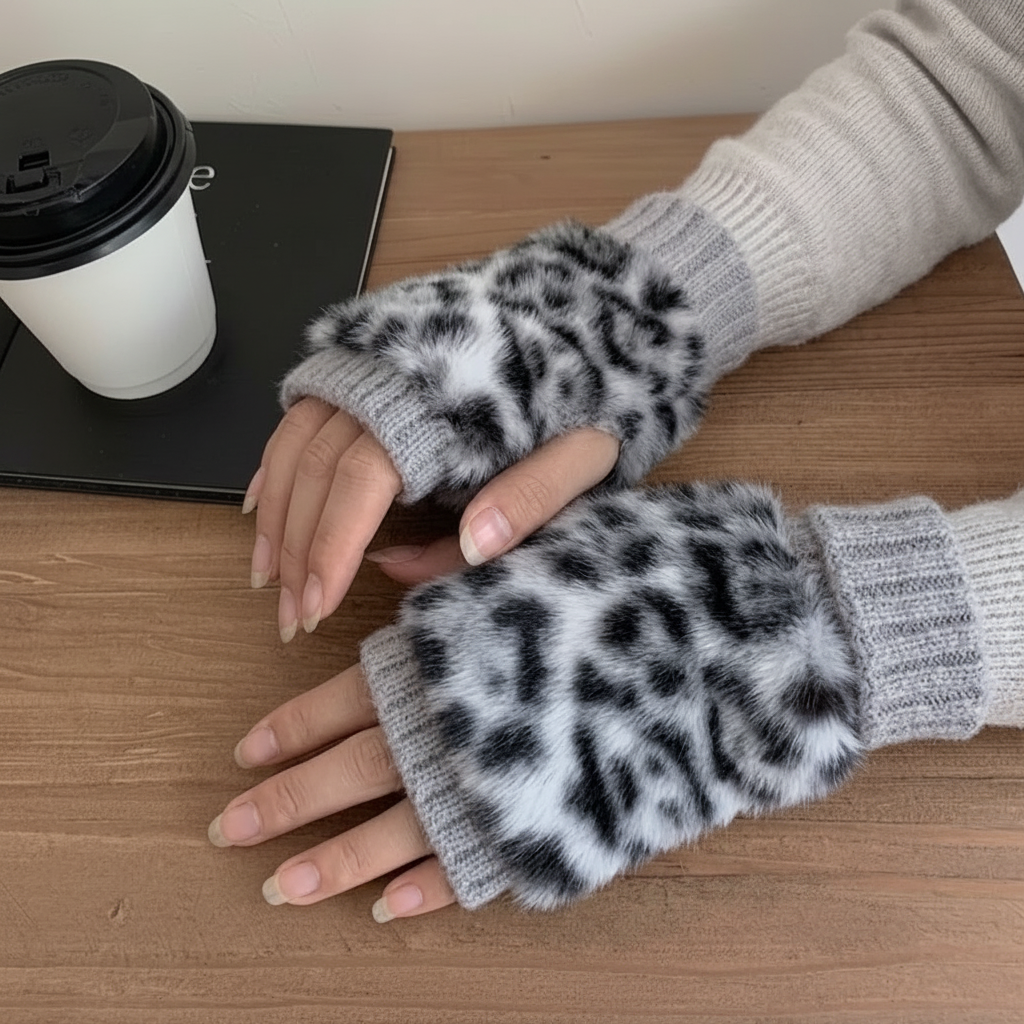 Person wearing light grey leopard print fingerless gloves on a wooden surface with a coffee cup.