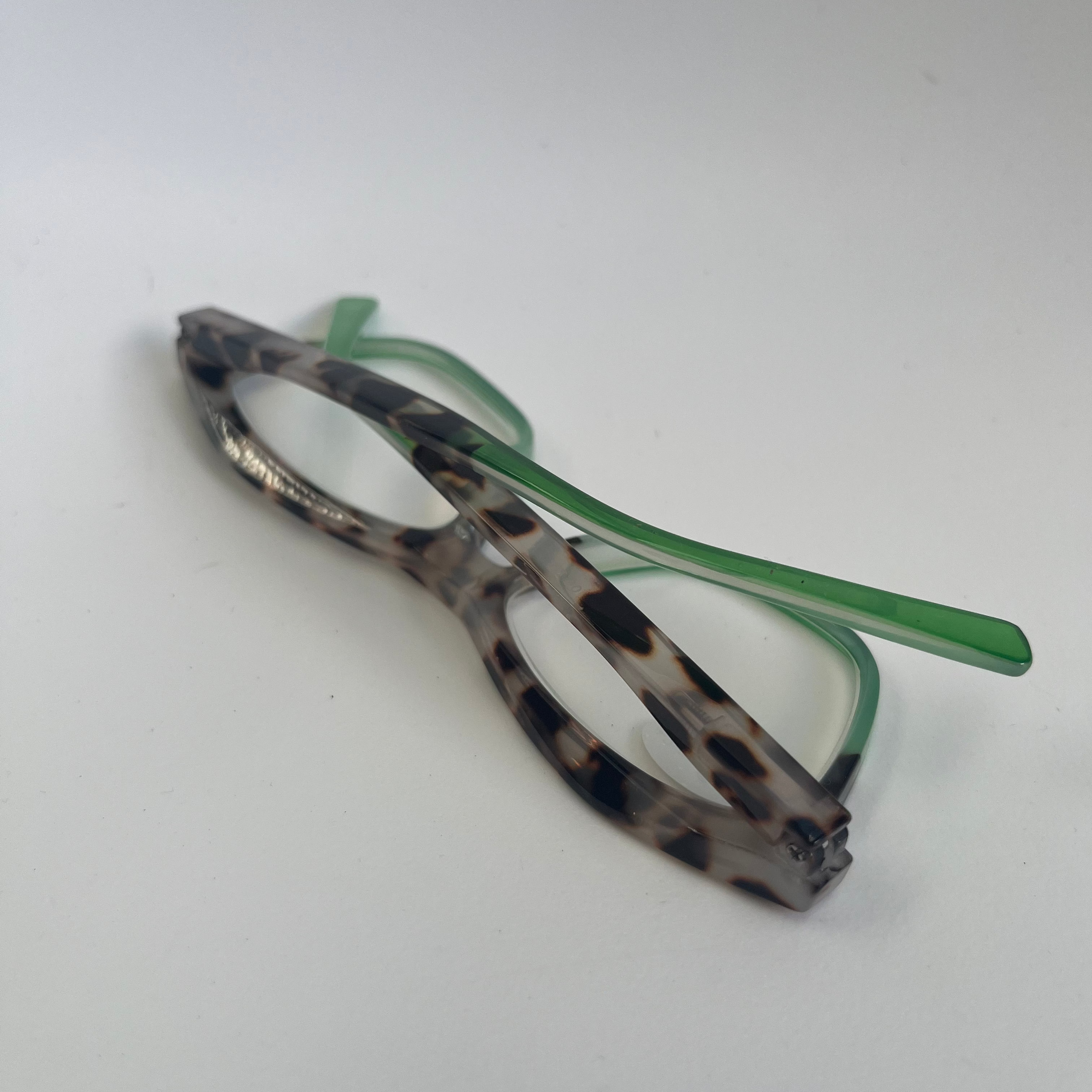 Pair of glasses with a leopard print frame on a white background