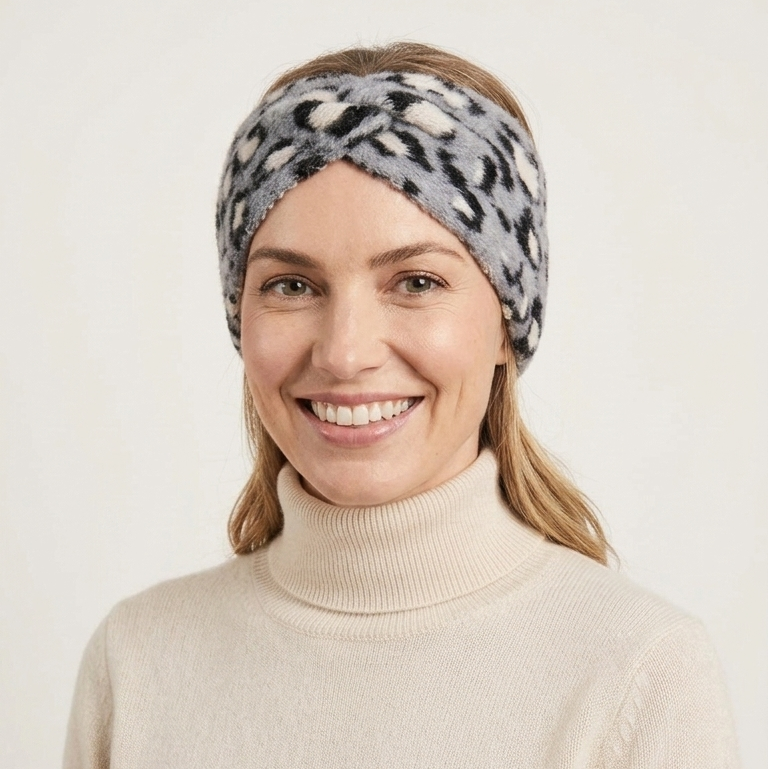 Woman wearing a patterned headband and beige sweater on a white background