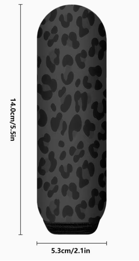 Black leopard print product with dimensions on a white background