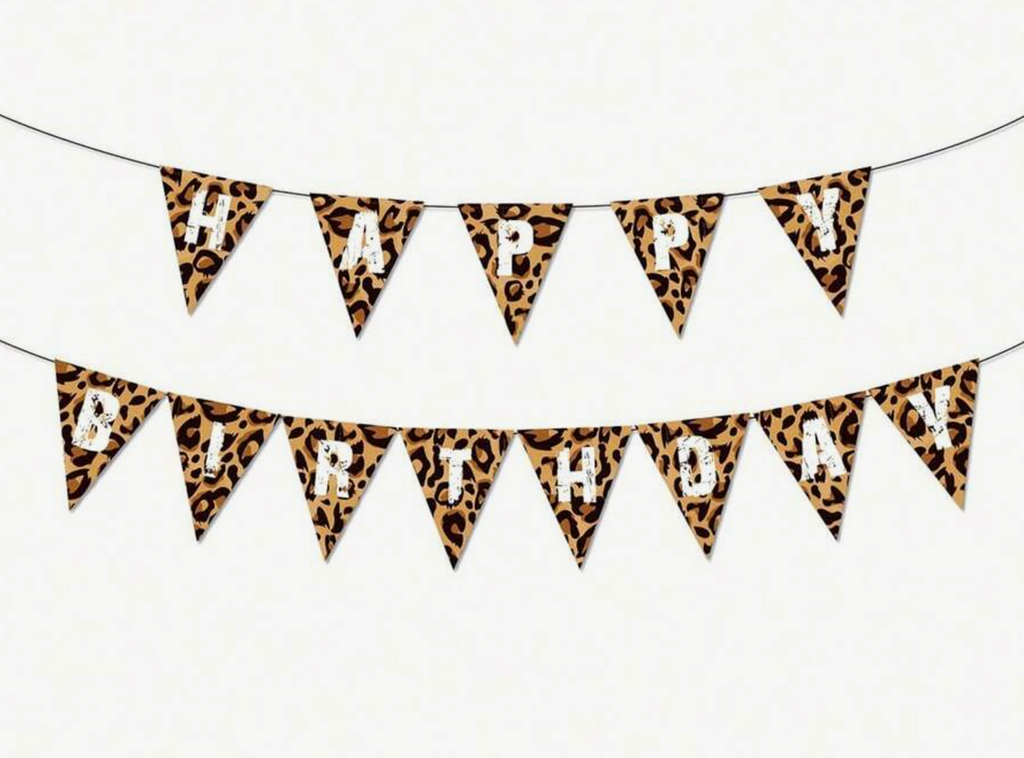 Leopard print 'Happy Birthday' banner on a white background