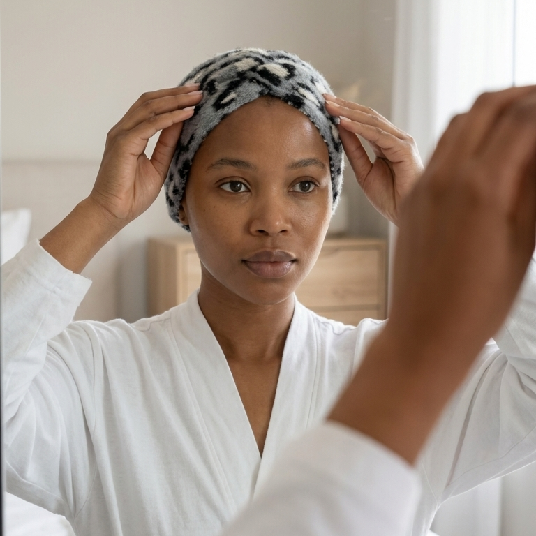 Woman adjusting a patterned headscarf in front of a mirror.