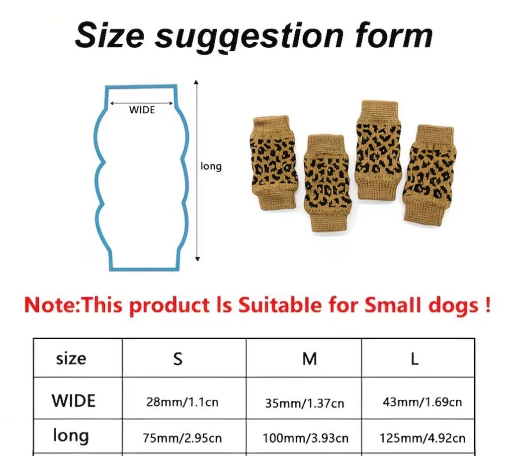 Size suggestion form for leopard print dog leg warmers with measurements and suitability note for small dogs.