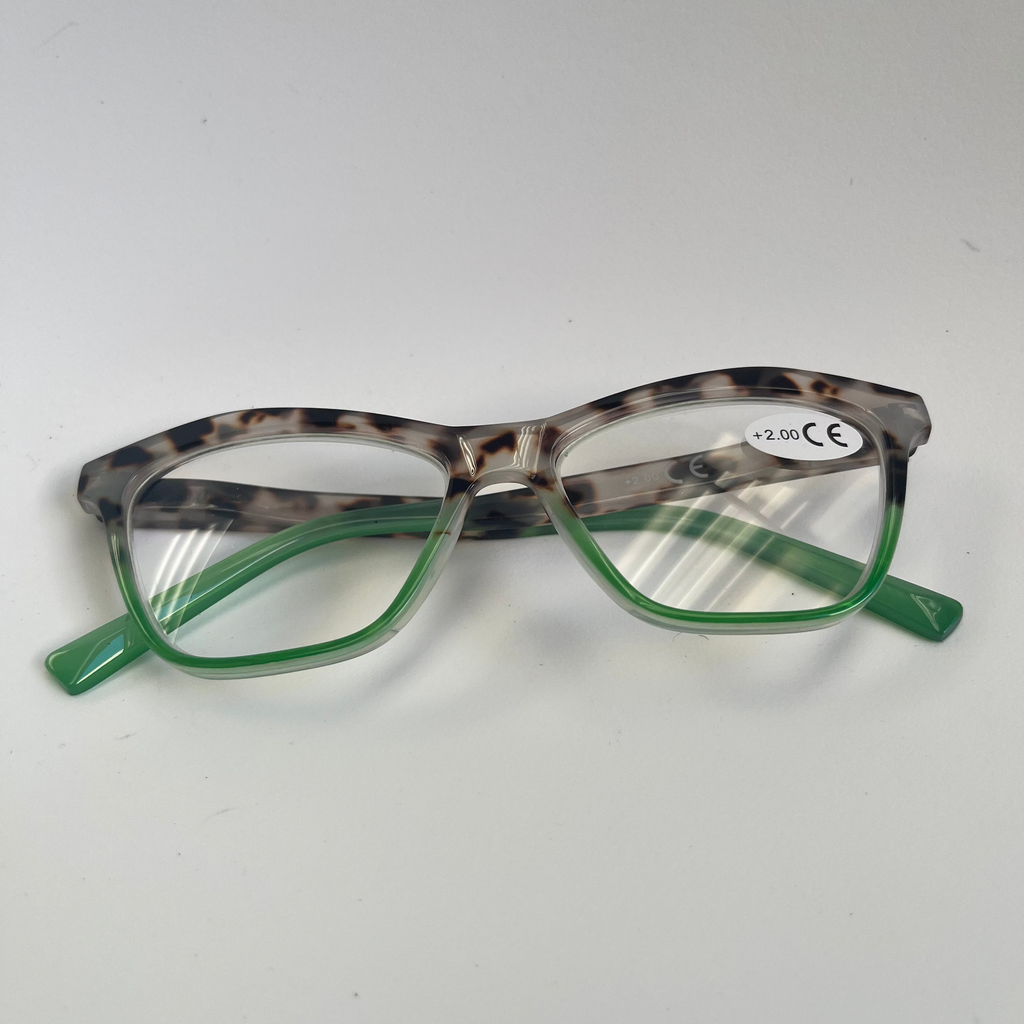 Eyeglasses with a leopard print frame and green arms on a white background