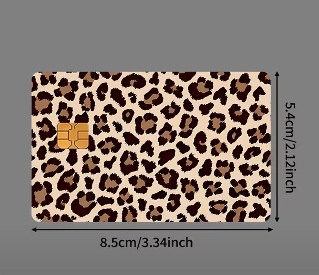 Leopard print card decal with dimensions on a gray background