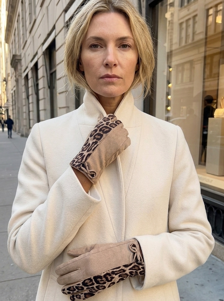 Woman wearing a white coat and leopard print gloves on a city street.
