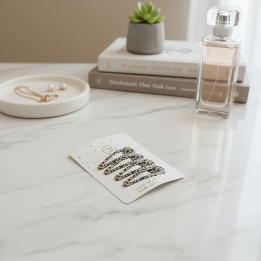 Jewelry card with hAIR CLIPS on a marble surface next to a small plant, books, and a perfume bottle.