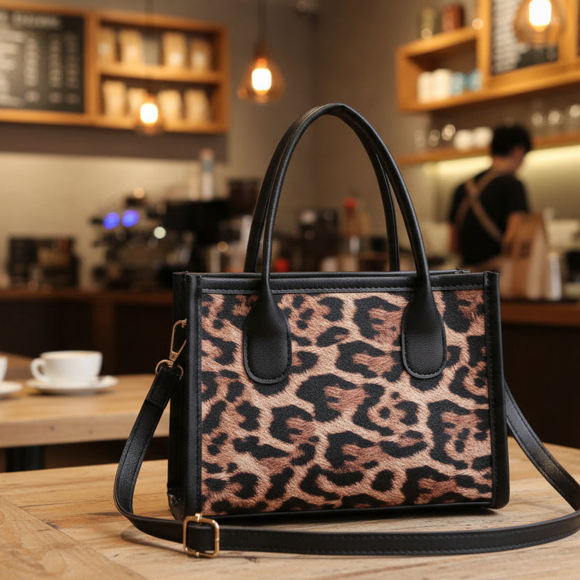 Leopard print handbag on a table in a coffee shop setting