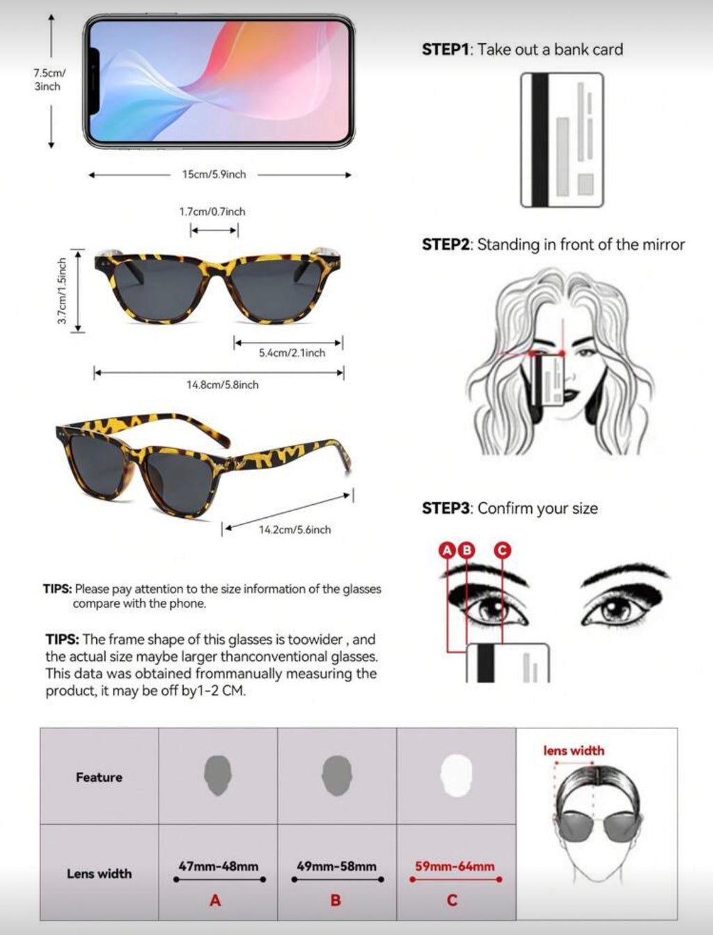 Instructions for measuring sunglasses size with a smartphone and mirror, including dimensions and tips.