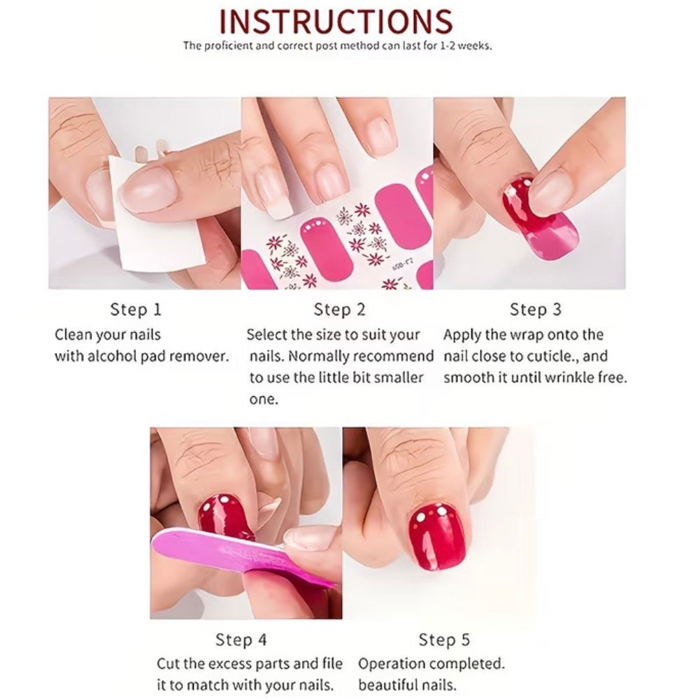Step-by-step guide on applying nail wraps with images and text instructions.
