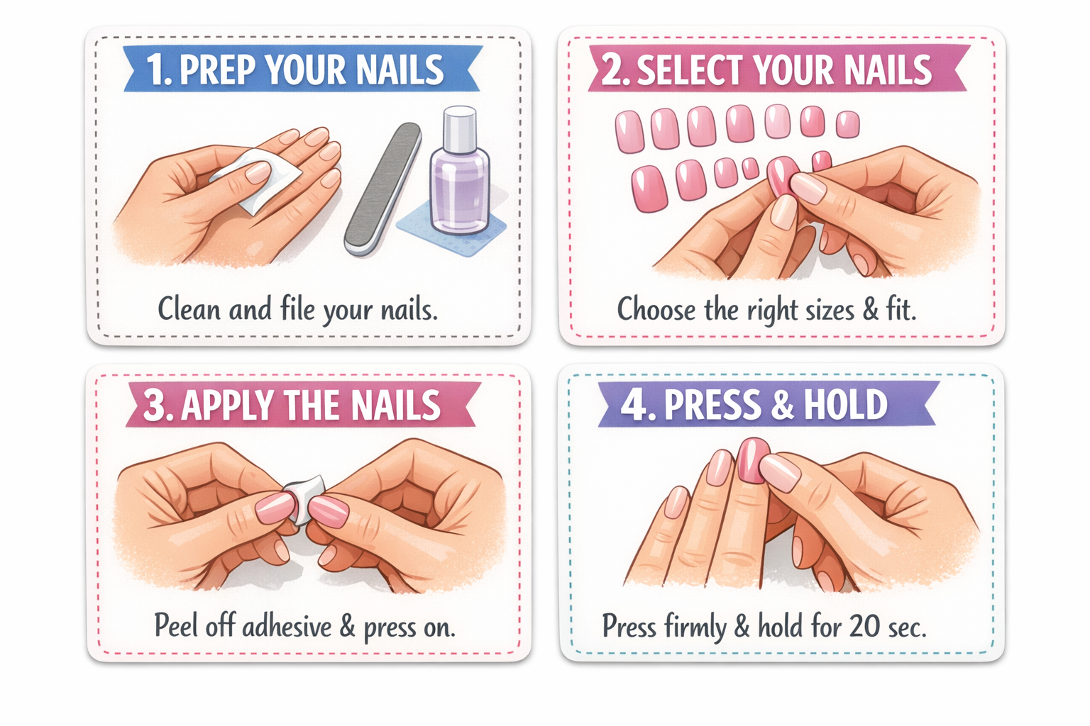 Step-by-step guide for applying nail extensions with illustrations and text.