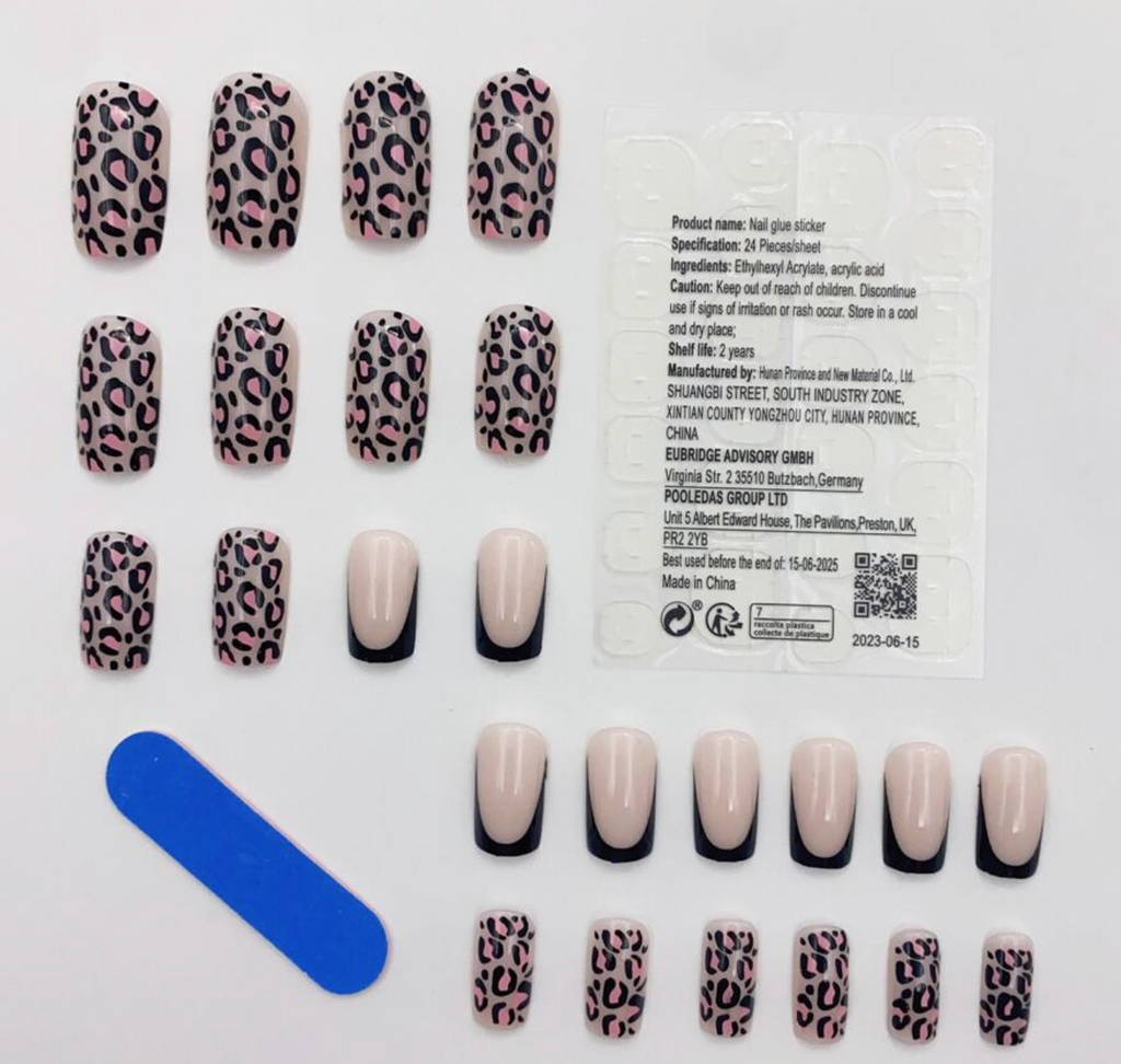 Set of false nails with leopard print and plain designs on a white background