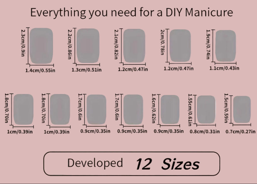 Diagram of nail strips with dimensions on a pink background