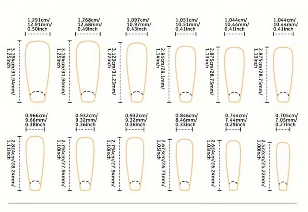 Measurement chart of various nail shapes with dimensions