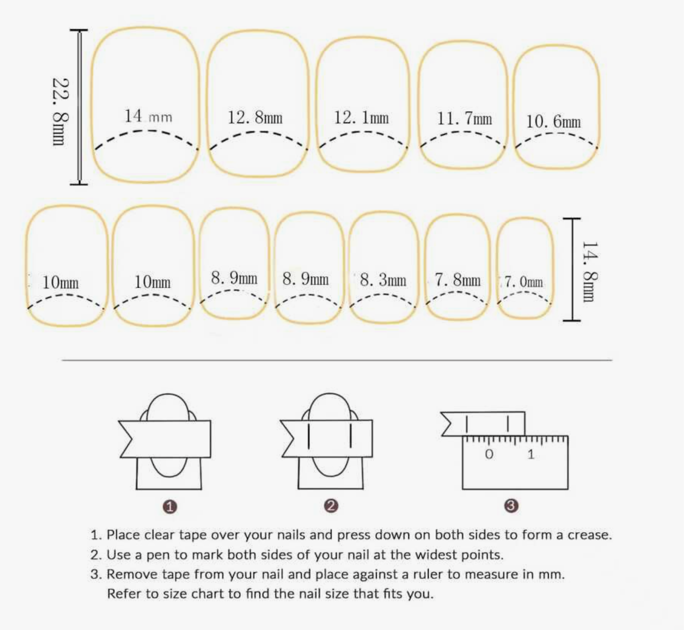 Nail size chart with measurements and instructions on how to measure nail size using tape and a ruler.