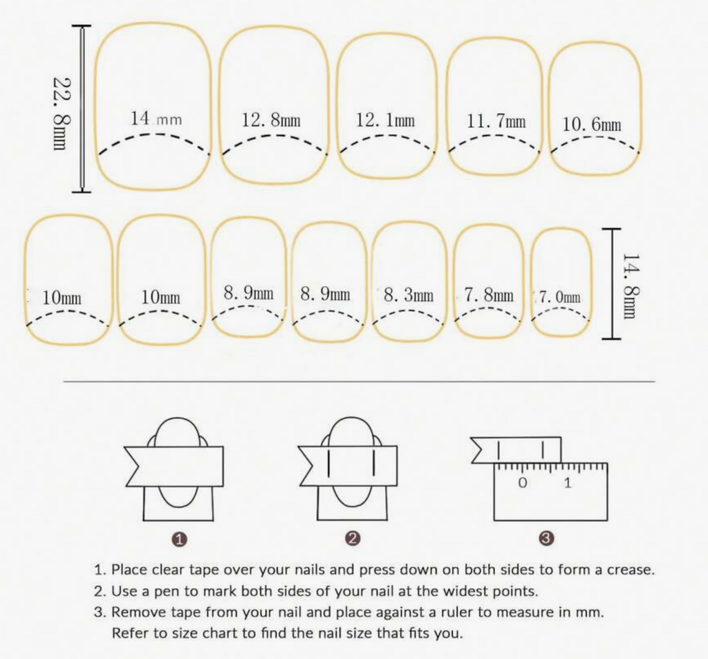 Nail size chart with measurements and instructions on how to measure nail size.