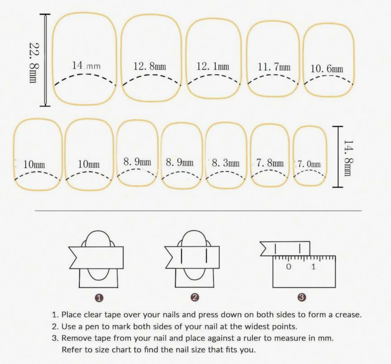 Nail size chart with measurements and instructions on how to measure nail size.