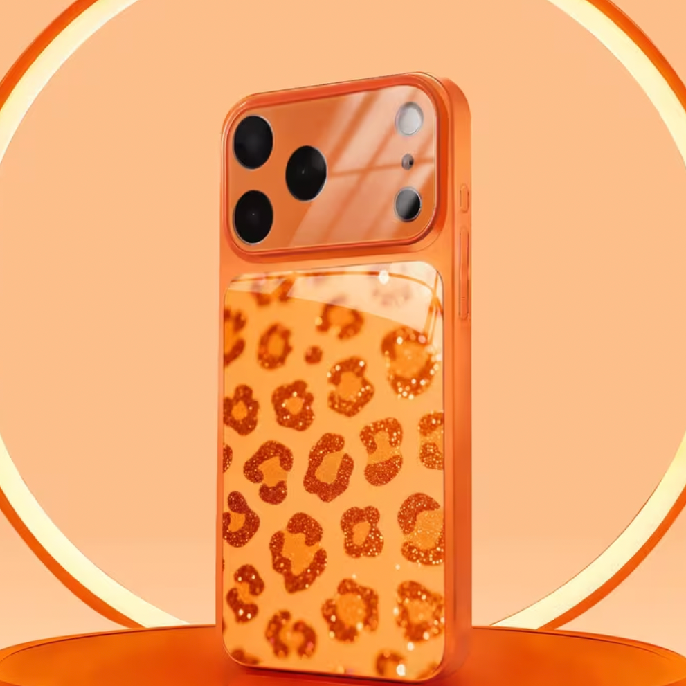 Phone case with leopard print design on an orange background