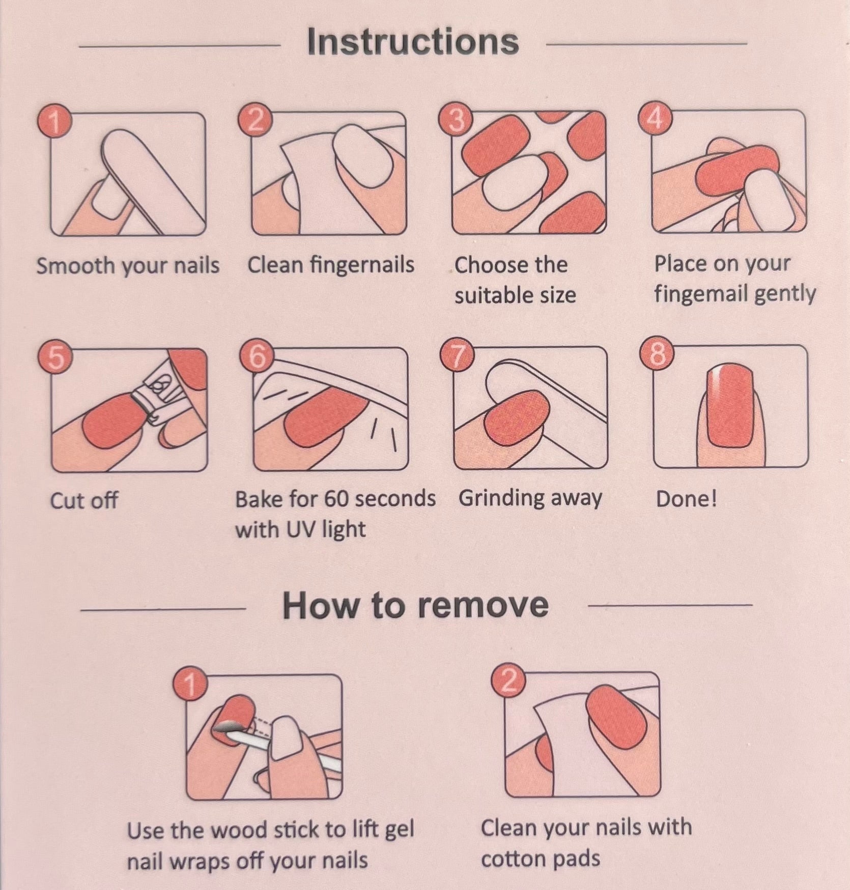 Instructions for using gel nail stickers on a beige background