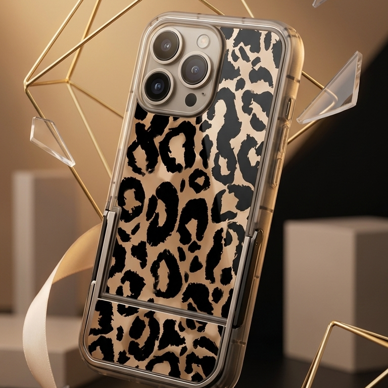 Phone case with leopard print design on a geometric background