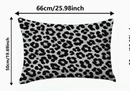 Leopard print pillow with dimensions labeled on a white background