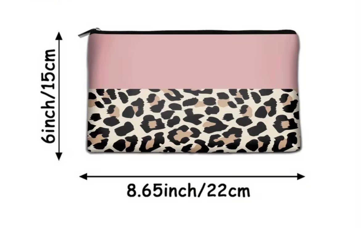 Pouch with leopard print and pink top section, shown with measurements on a white background