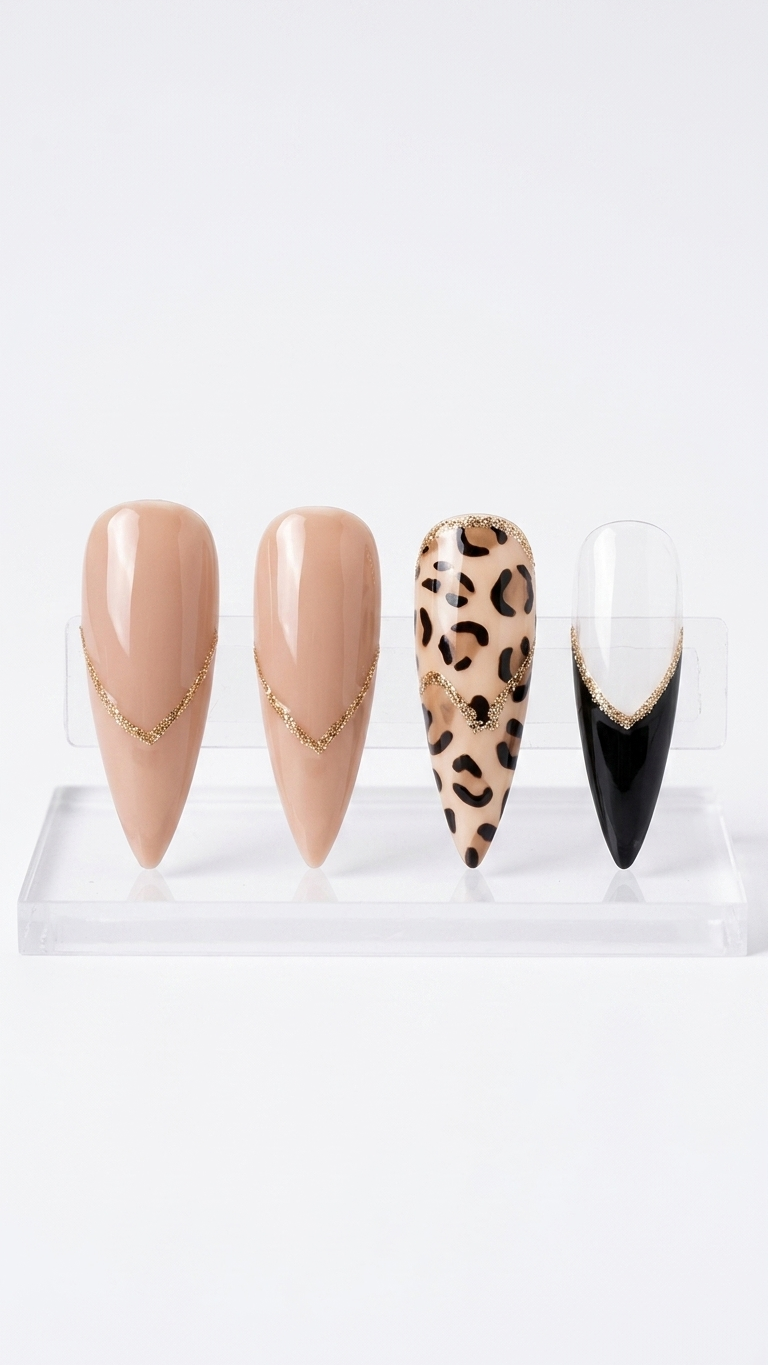 Stiletto french-style nails - black and neutral