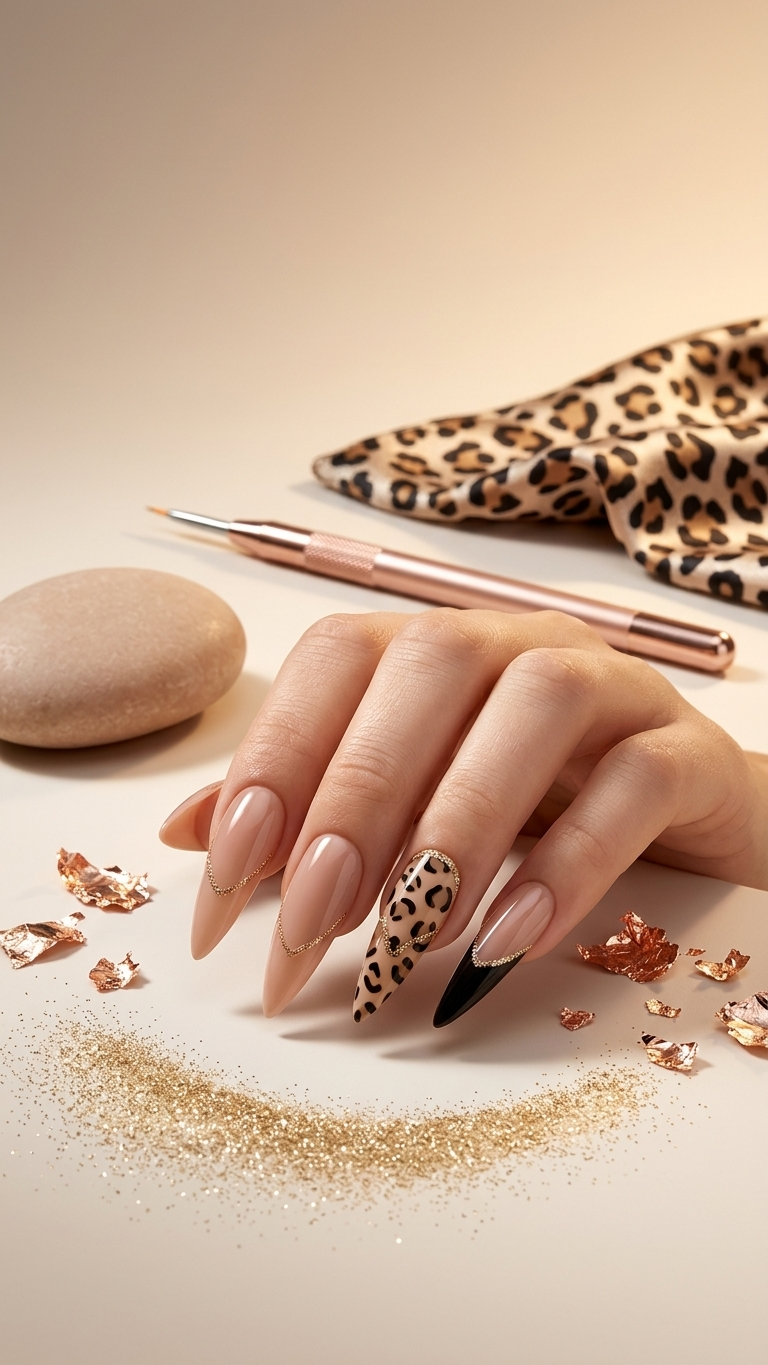 Stiletto french-style nails - black and neutral