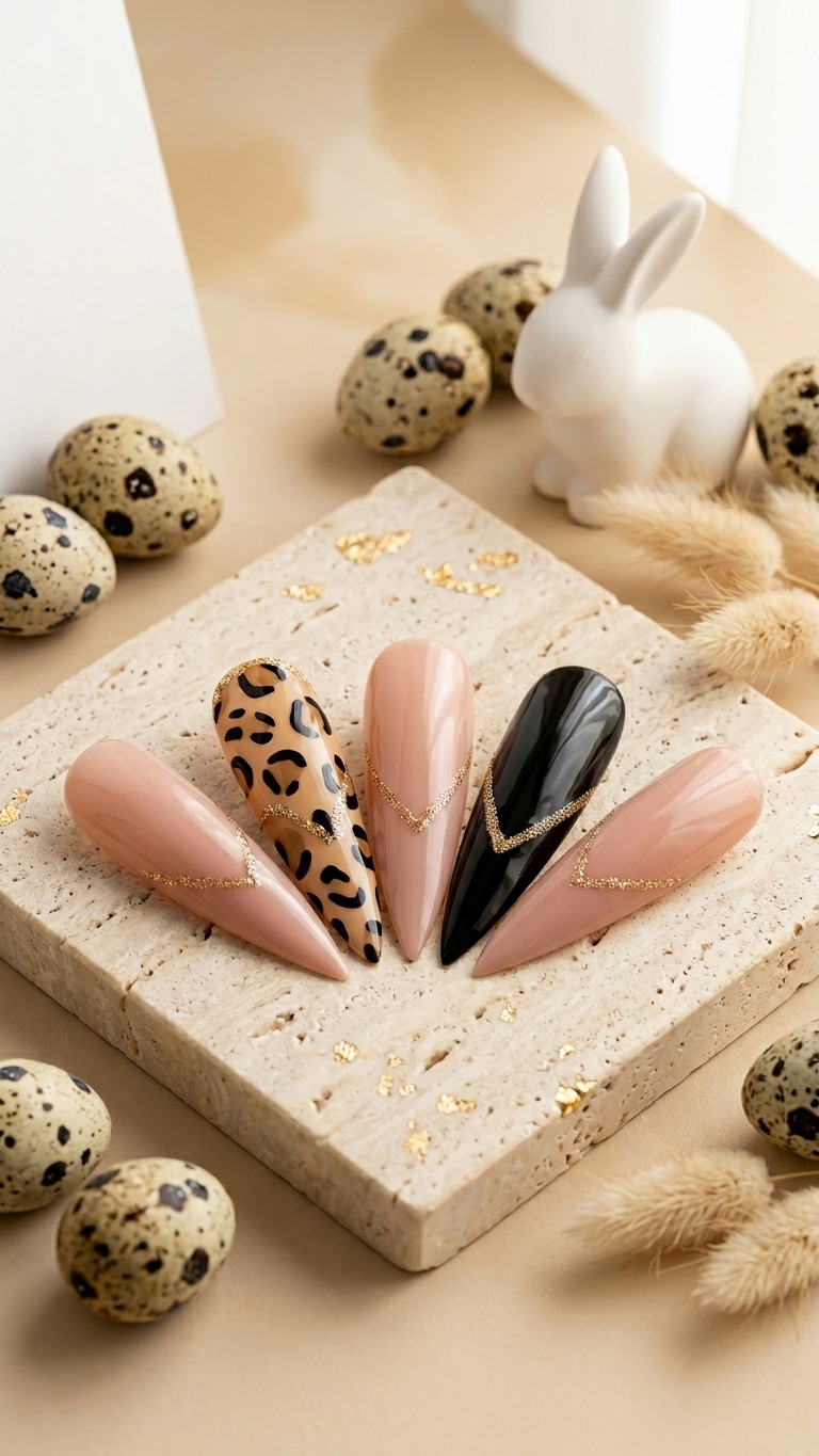 Stiletto french-style nails - black and neutral