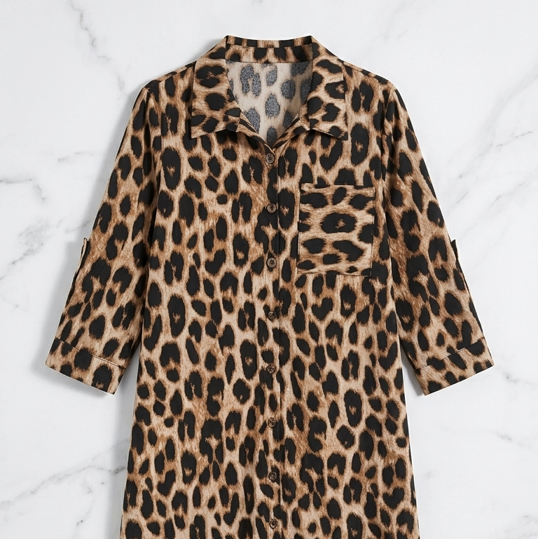 Leopard print shirt on a white marble surface