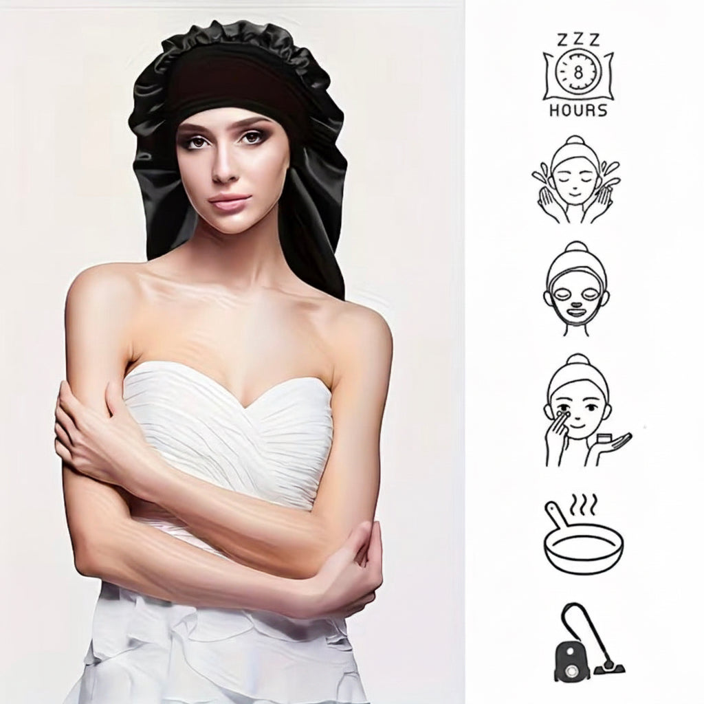 Woman wearing a black satin head sleep cap with product usage icons on a light pink background