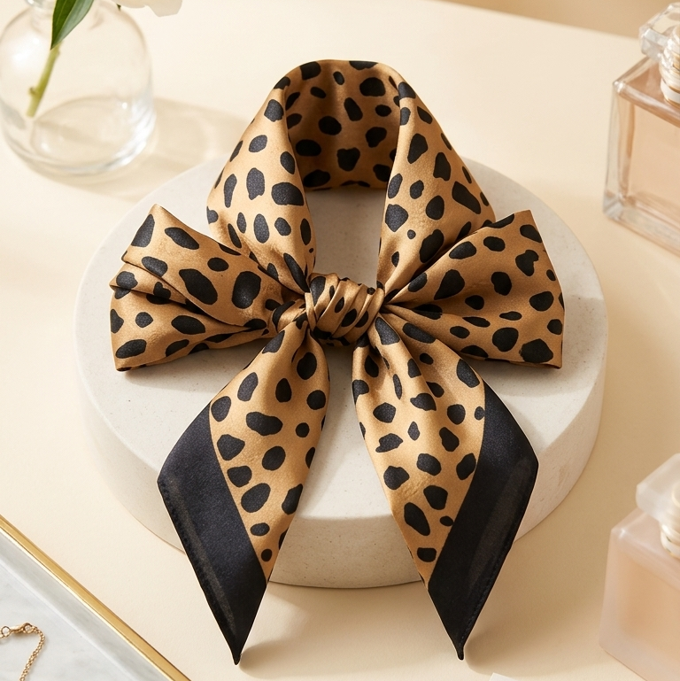 Leopard print scarf tied in bow on a white box with a card and flowers in the background