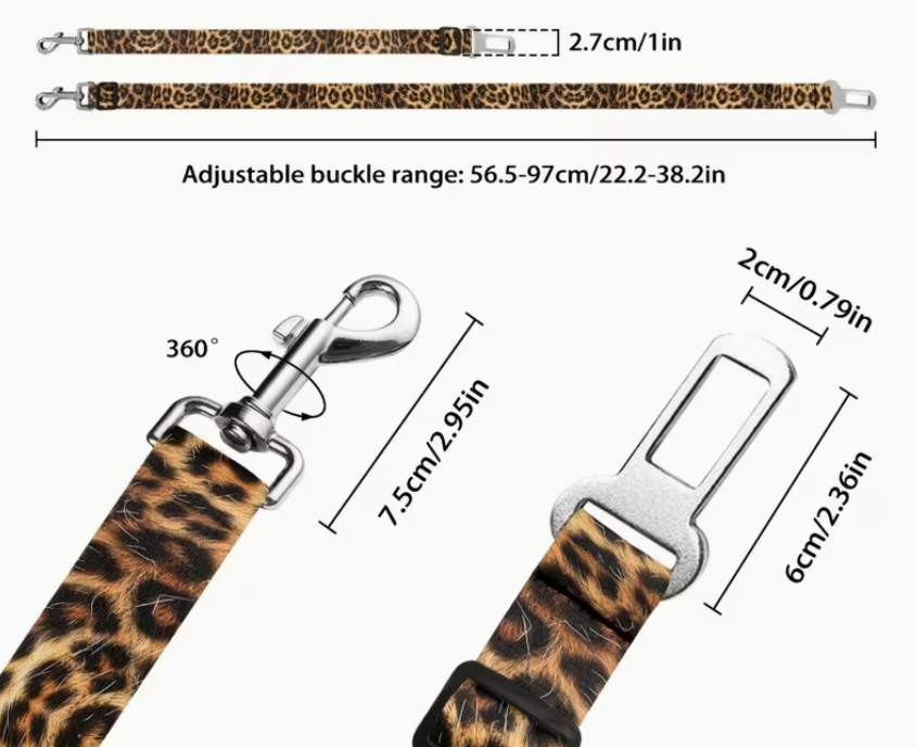 Leopard print dog seat belt with measurements on a white background