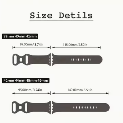Measurement chart for watch bands with sizes 38mm, 40mm, 41mm, 42mm, 44mm, and 45mm.