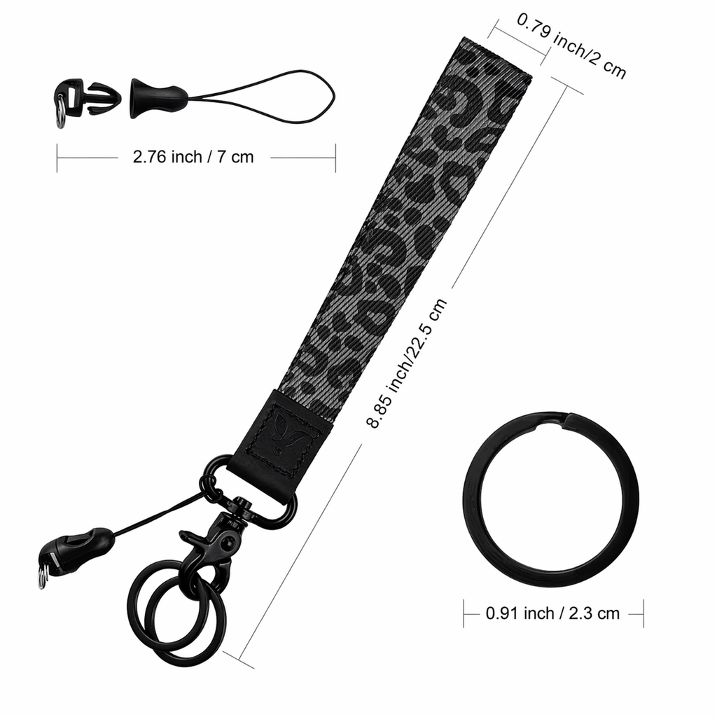 Black and gray patterned lanyard with keychain attachment and measurements on a white background