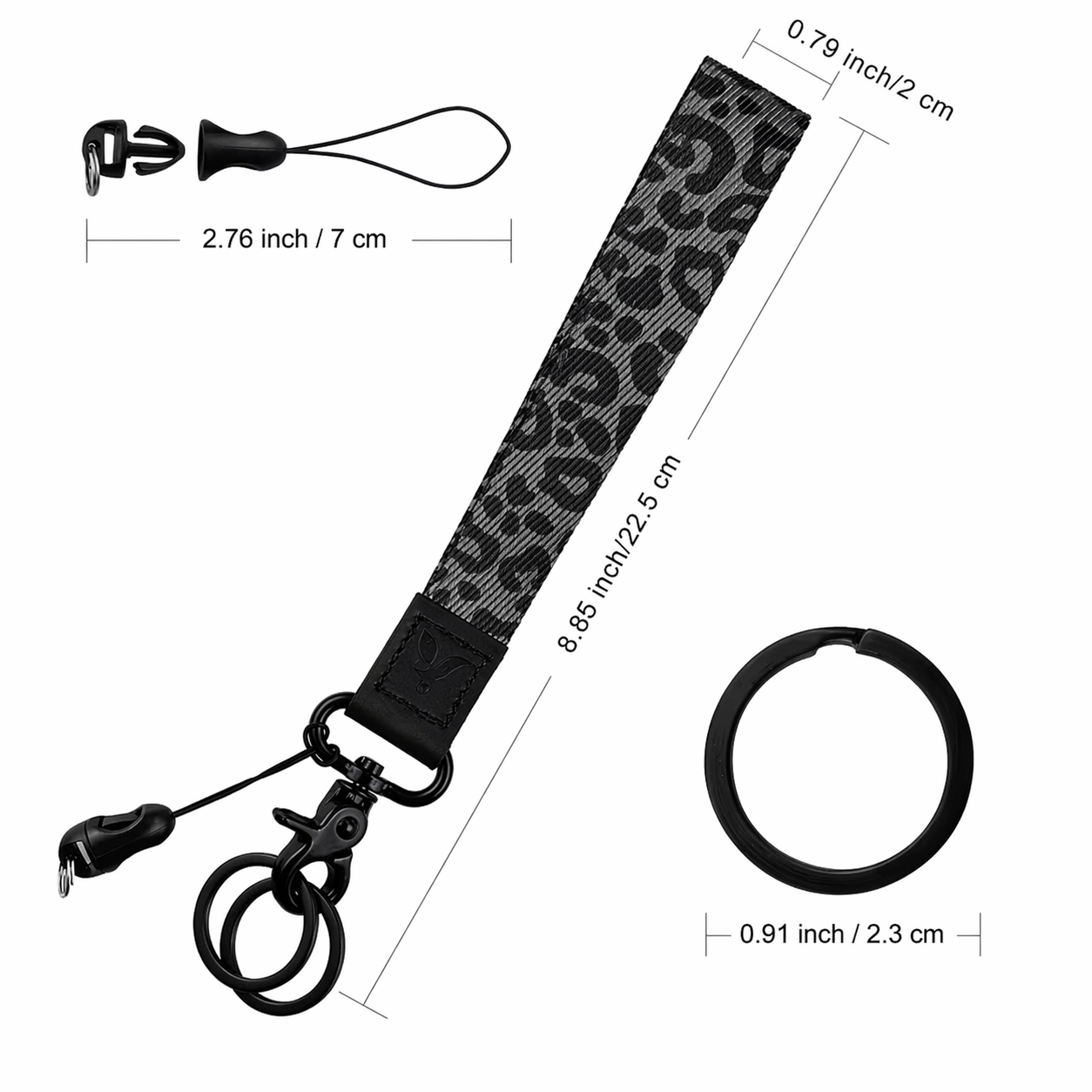 Black and gray patterned lanyard with keychain attachment and measurements on a white background