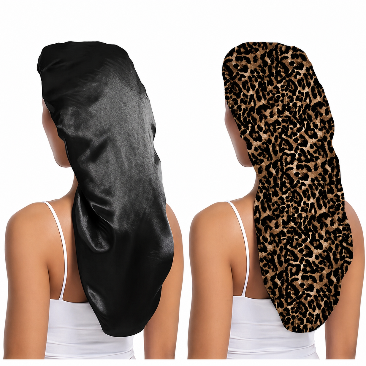 Two satin sleep caps, one black and one leopard print, worn by a model on a white background.