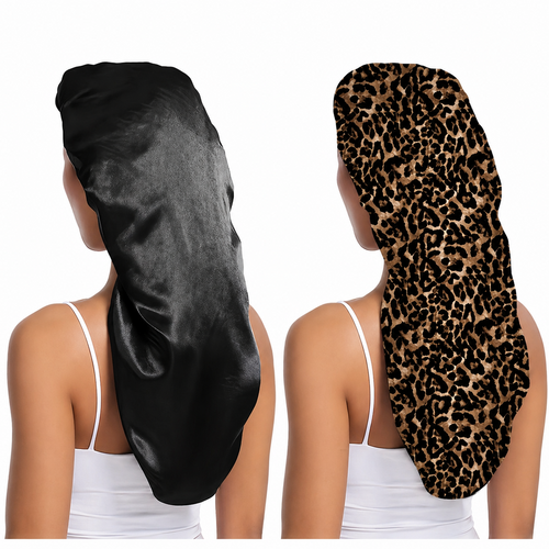 Two satin sleep caps, one black and one leopard print, worn by a model on a white background.