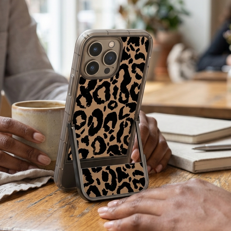 Phone case with leopard print design on a wooden table