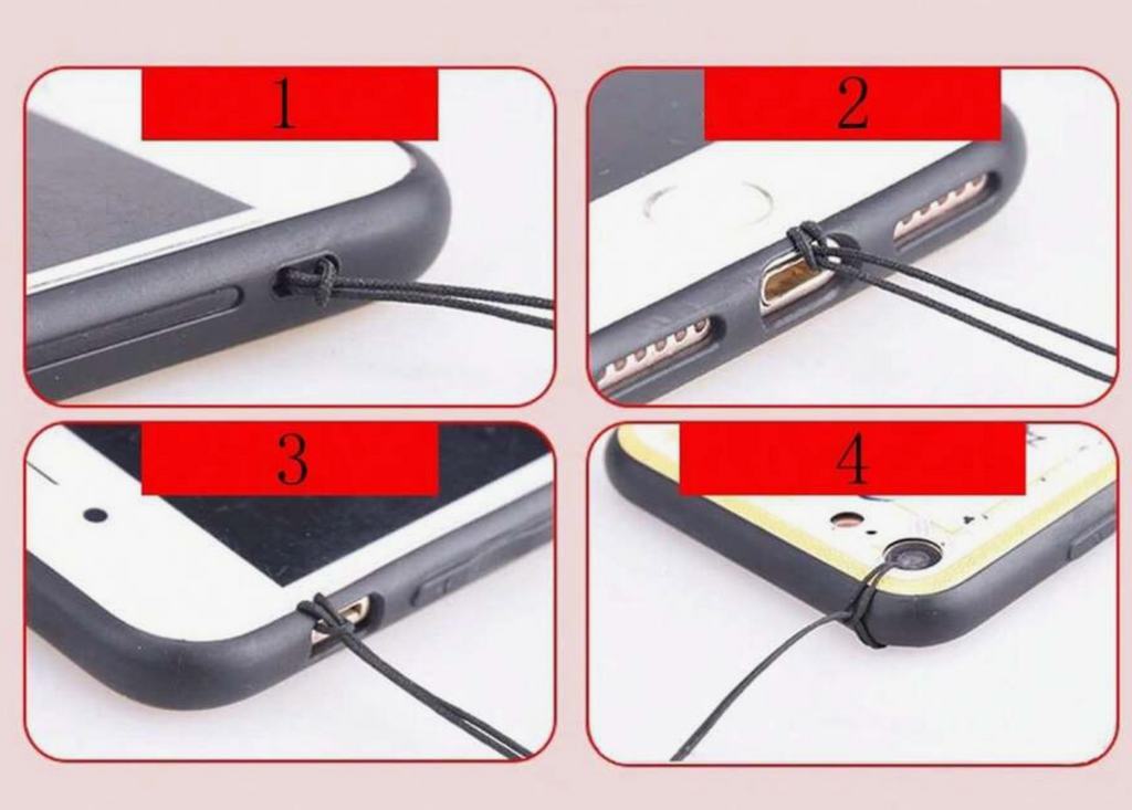 Step-by-step guide on how to install a strap with labeled steps.