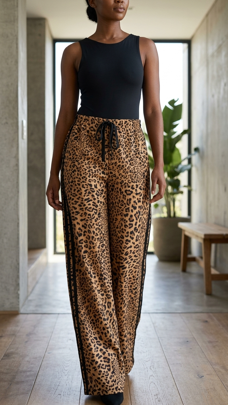 Person wearing a black top and leopard print pants in a modern interior setting