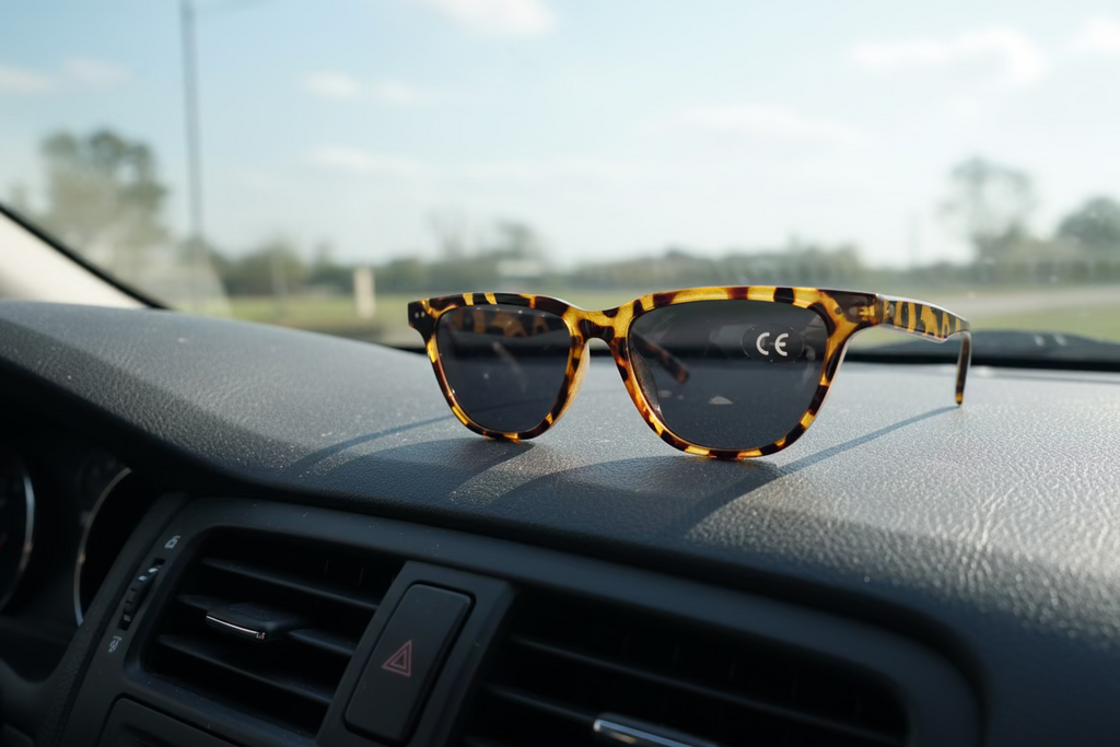 Sunglasses with  leopard frame on a car dashboard